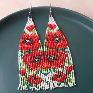 Boho Vintage Vibe Red Poppy Beaded Tassel Earrings - White, Red. Glass.